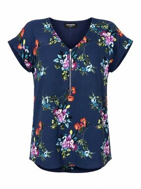 Express Blue Floral Zip V-Neck Gramercy Blouse, Size S